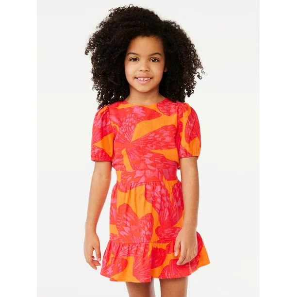 Scoop Girls Short Puff Sleeve Linen Blend Dress with Tie Back , Sizes 4-16 | Walmart (US)