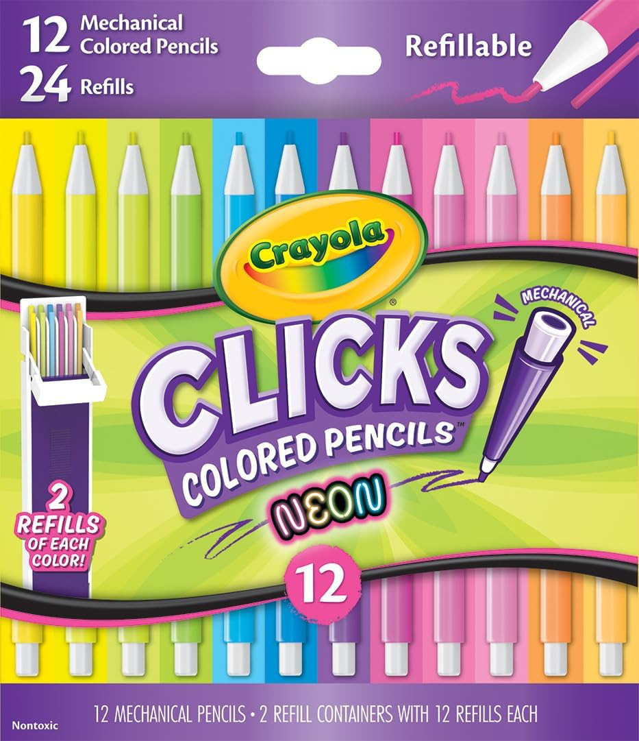 Crayola Clicks 2.0mm Mechanical Colored Pencil Set, 12 Neon Colors, Coloring Pencils for Kids, No Sharpen, 24 Replacement Cores, Ages 5+ | Amazon (US)