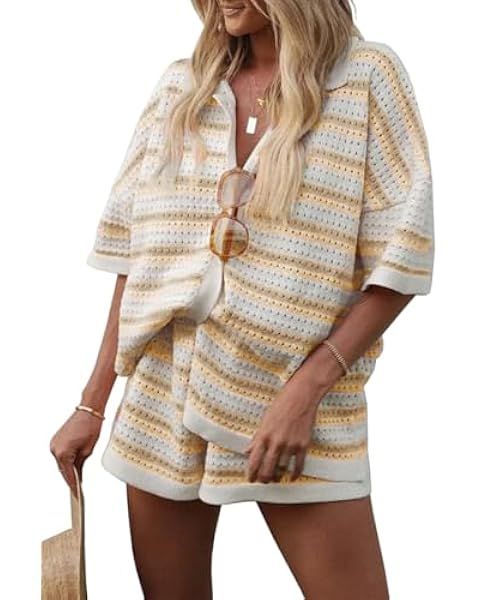 Crochet Short Sets 2 Two Piece for Women Striped Knit Button Top and Shorts Matching Sets Summer | Amazon (US)