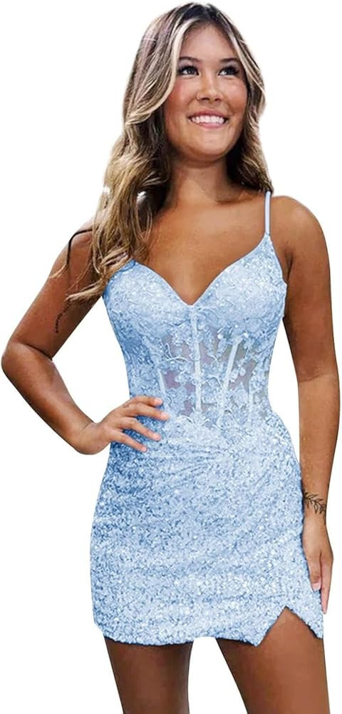 Loyeloy Short Homecoming Dresses for Teens 2025 V Neck Sparkly Sequin Applique Prom Evening Gowns | Amazon (US)
