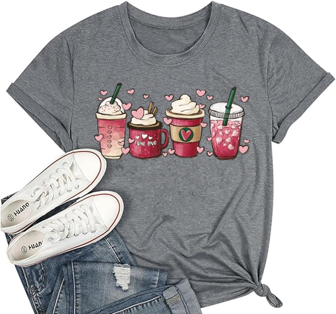 Women's Valentine's Day Shirts Funny Latte Coffee Lover Graphic Tees Short Sleeve Happy Valentine... | Amazon (US)
