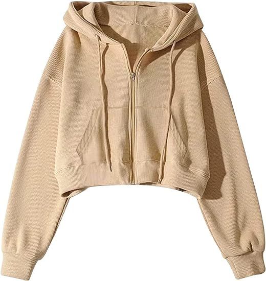 Yimoon Cropped Zip Up Hoodie for Women Waffle Knit Vintage cropped Sweatshirt Casual Long Sleeve ... | Amazon (US)