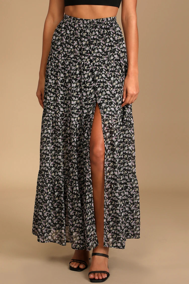 Subtle Sweetness Black Floral Print Tiered Maxi Skirt | Lulus