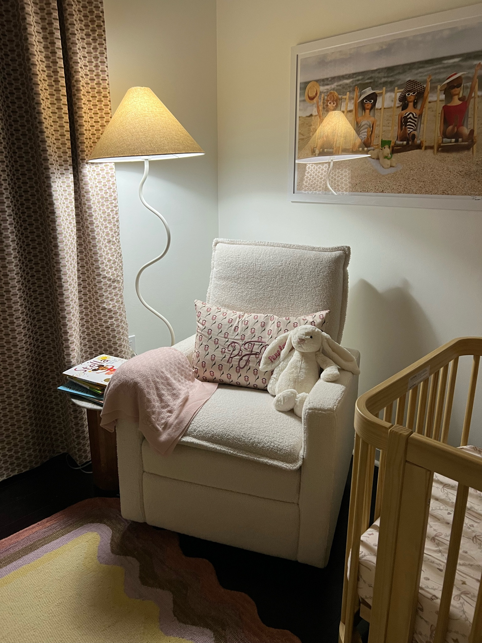 Same Etsy rug seller 
Nestig crib
Gooselings sheets
Vintage Barbie and Ken print