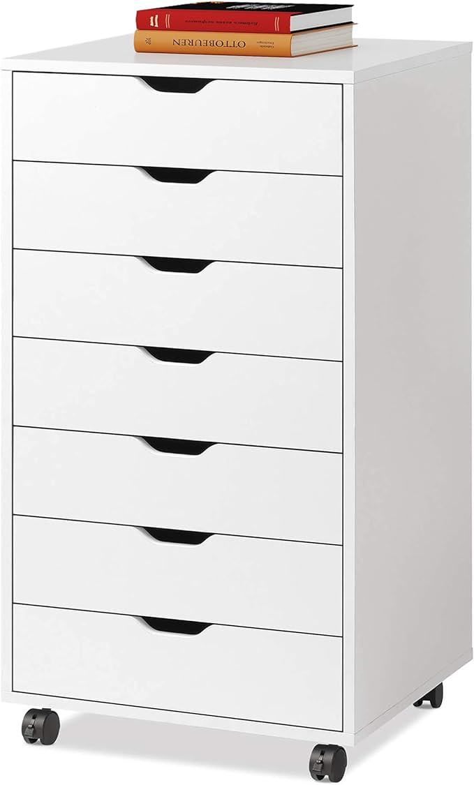 DEVAISE 7-Drawer Chest, Wood Storage Dresser File Cabinet with Wheels, White | Amazon (US)