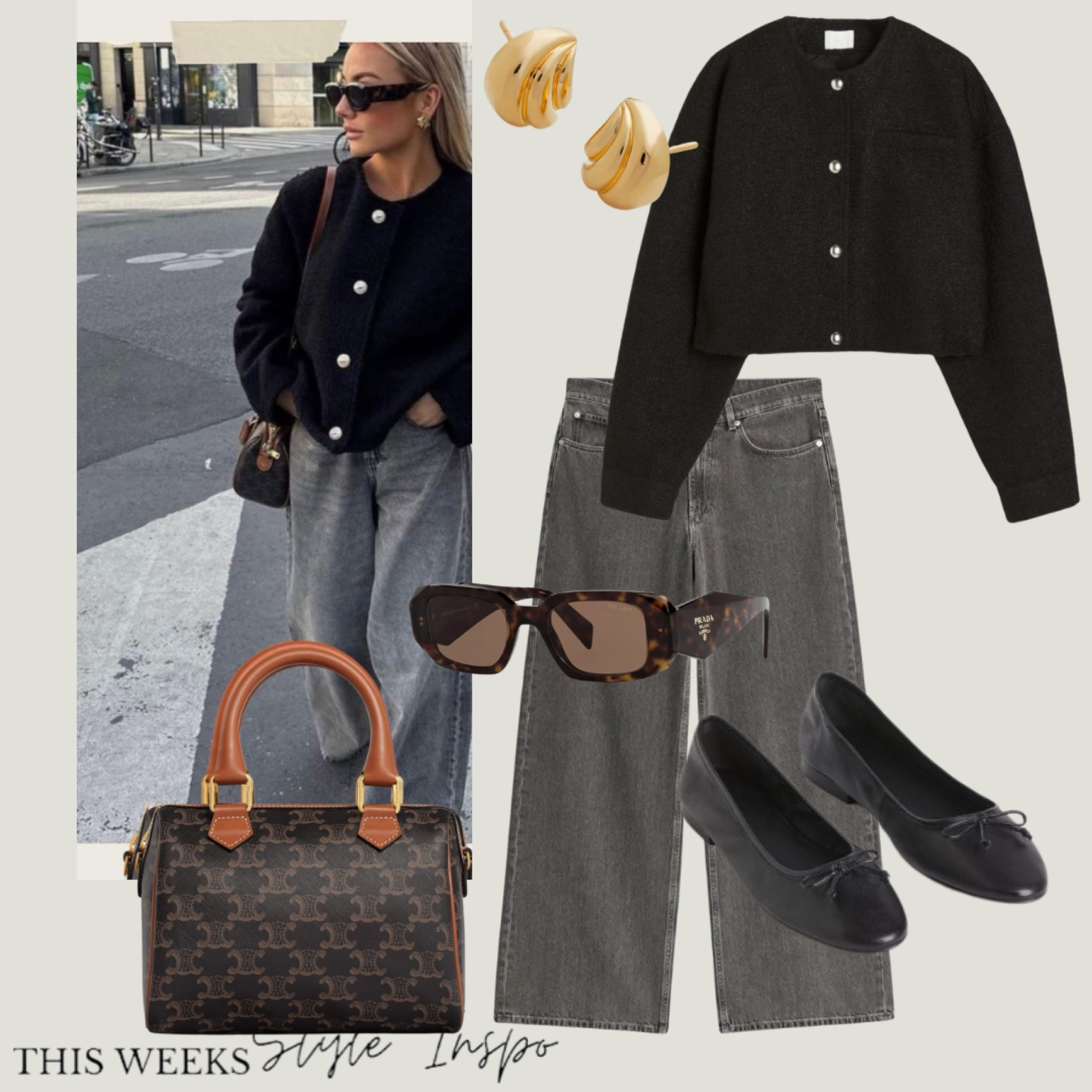 Grey & black styled inspiration 

Chanel style jacket cardigan black cardigan. Grey wide leg jeans, black ballet flats, celine boston bag 
