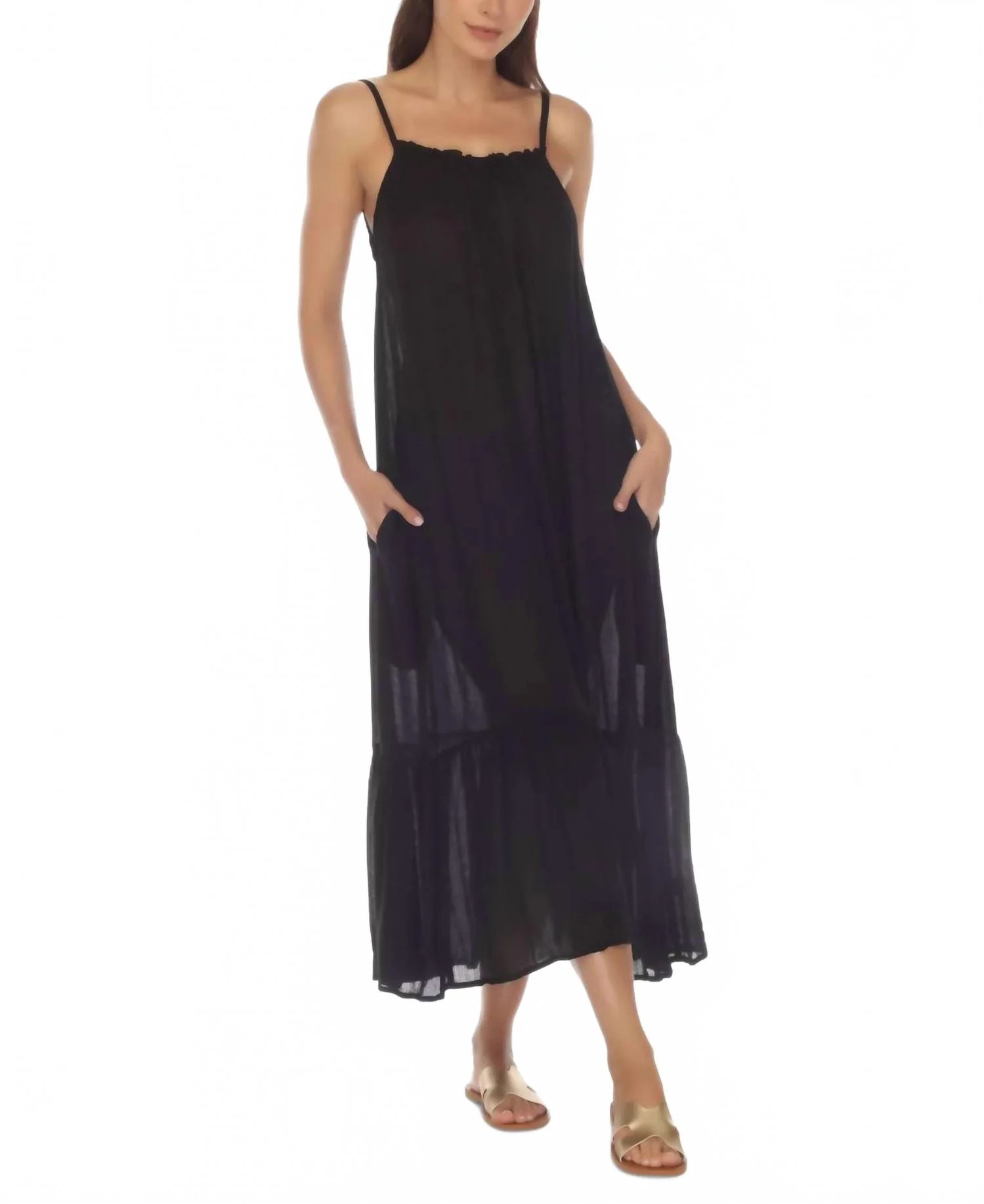 Ruffle Trim Maxi Dress Cover Up In Black | Shop Simon