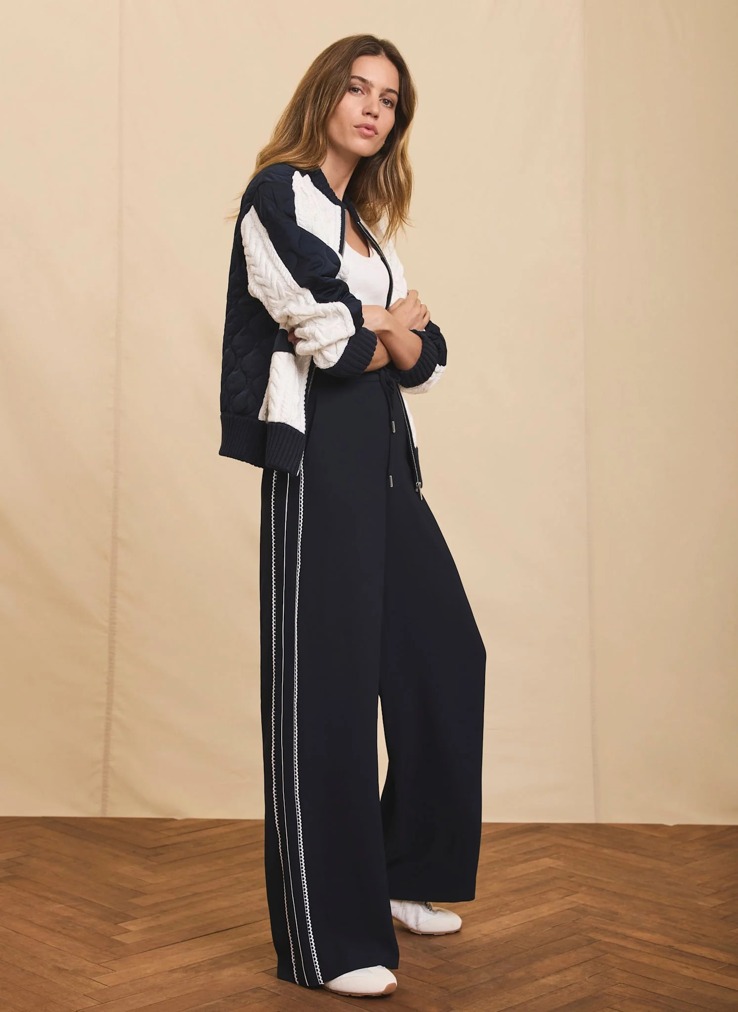 Navy Scallop Striped Wide Trousers | Mint Velvet