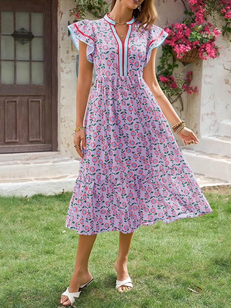 Wenrine Womens Summer Floral Midi Dresses Ruffle Cap Sleeve V Neck Flowy Boho Casual Beach Vacati... | Amazon (US)