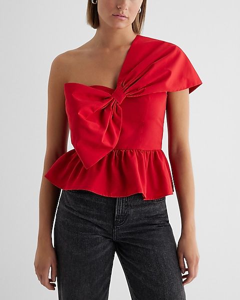 One Shoulder Bow Front Peplum Top | Express