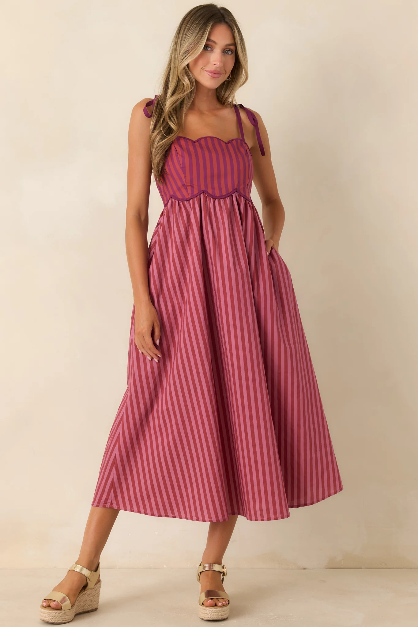 Wrong Place, Right Time Plum & Burgundy Stripe Cotton Midi Dress | Red Dress