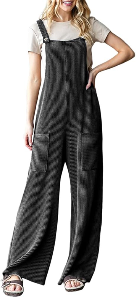 Dokotoo Women's Casual Jumpsuits Ribbed Front Pocket Loose Overalls One Piece Sleeveless Wide Leg... | Amazon (US)