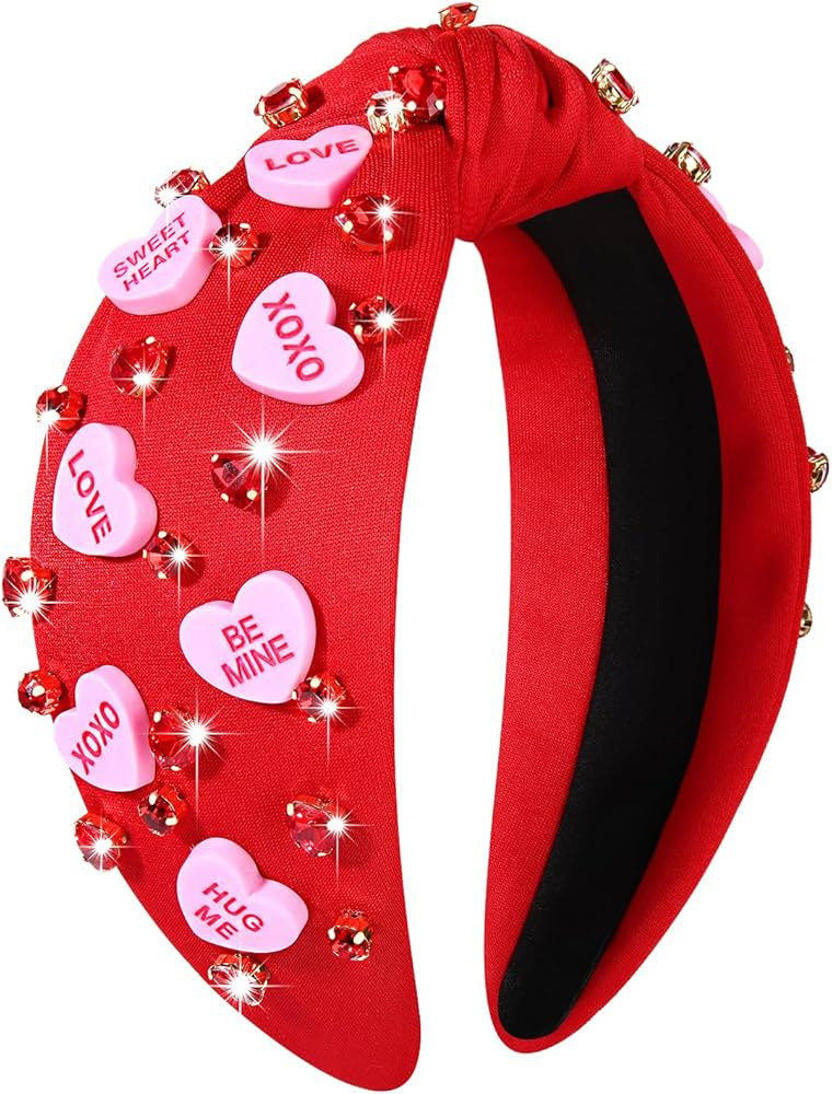 YAHPERN Valentine’s Day Headband for Women Red Pink Heart Knotted Headband Jeweled Rhinestone C... | Amazon (US)