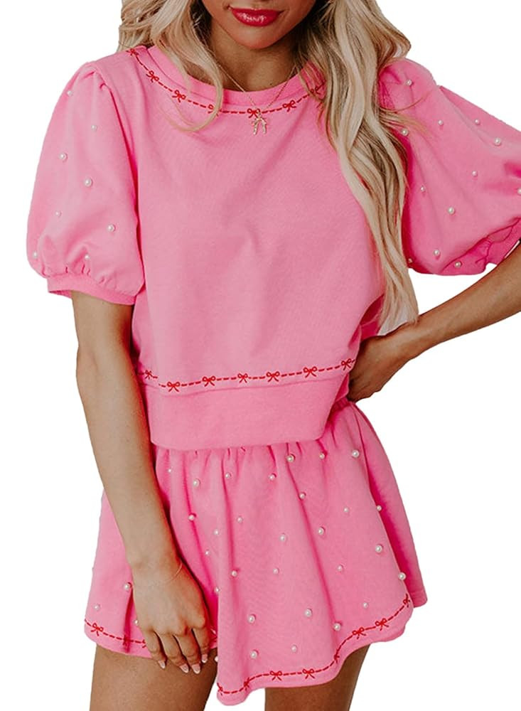 Apvirdy Women's Summer Two Piece Outfits Contrast Bow Trim Pearl Puff Sleeve Blouse and Casual Lo... | Amazon (US)