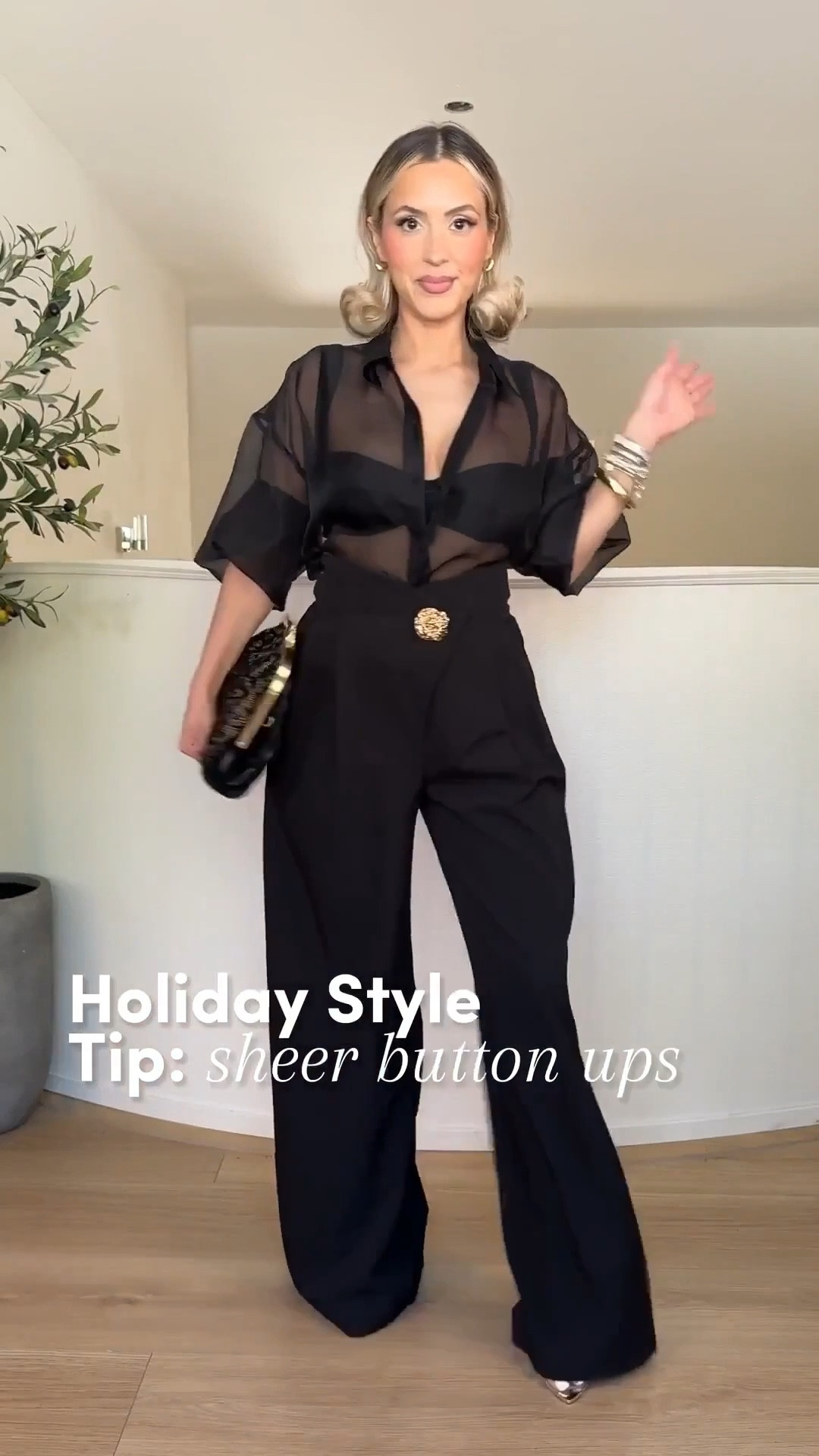 STYLE TIP: Styling sheer button ups for the holidays 😍👏🏼 

I'm wearing all button ups in a small! 

Jeans size 27 
Trousers size small & 4 



#LTKootd #LTKHoliday #LTKgrwm