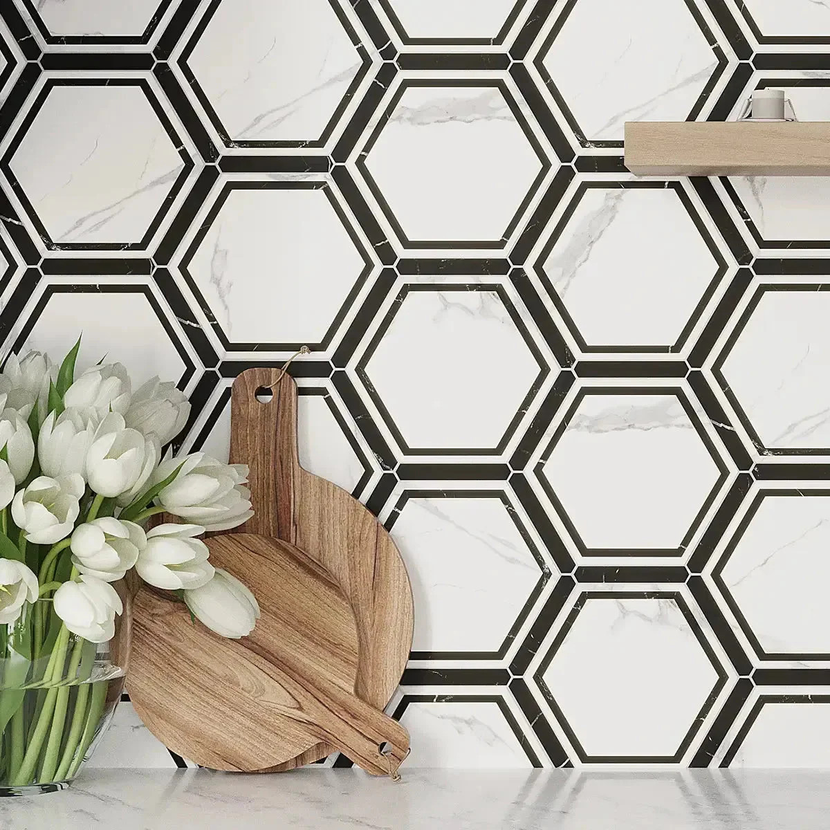 Montura White and Black Marbled Porcelain Hexagon Tile | Tile Club | Tile Club