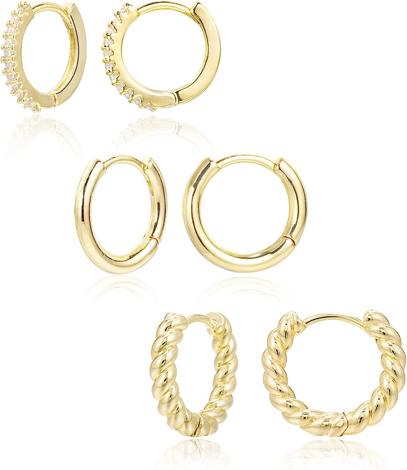 3 Pairs Small Huggie Hoop Earrings Set 14K Gold Hypoallergenic Lightweight Huggie Hoops Earrings for | Amazon (US)