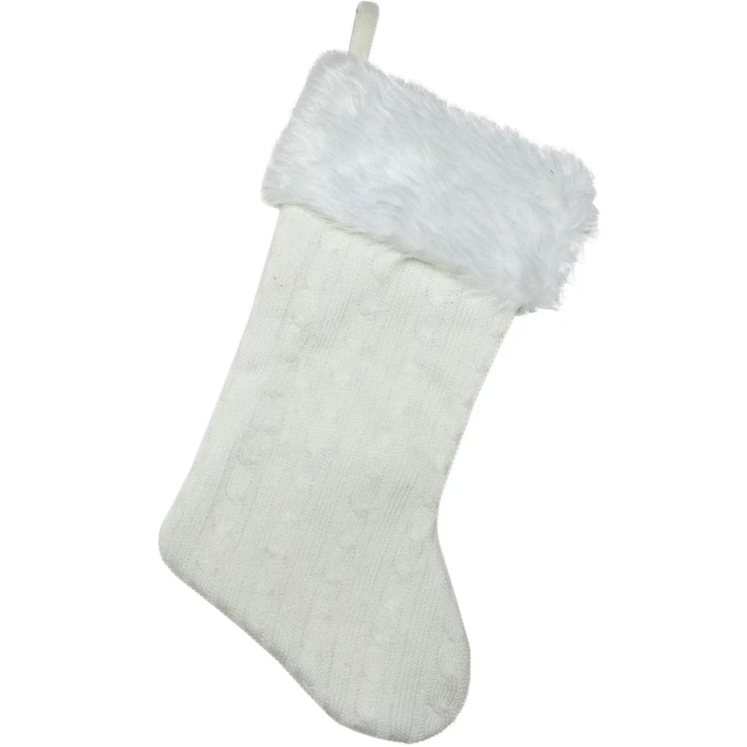 15.75" Cream White Cable Knit and White Faux Fur Cuff Decorative Christmas Stocking - Walmart.com | Walmart (US)