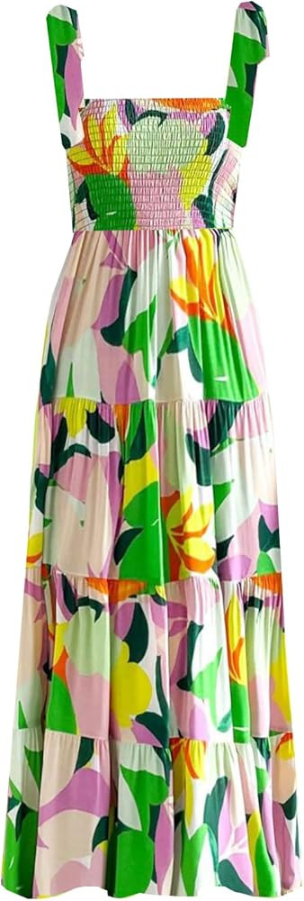 kinstell Women's Summer Boho Spaghetti Strap Square Neck Ruffle Casual Flowy Long Dress Beach Swi... | Amazon (US)