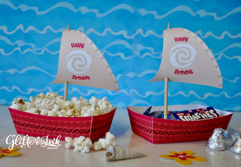 Moana Popcorn Tray Sail Boat Themed Party Favors, Hawaiian Birthday Printable Treat Box Decoratio... | Etsy (US)