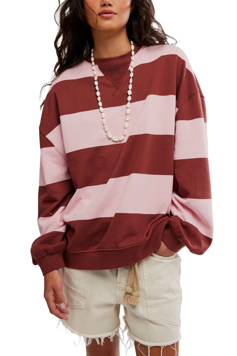 Free People Oversize Stripe Sweatshirt in Apricot Combo at Nordstrom, Size X-Large | Nordstrom