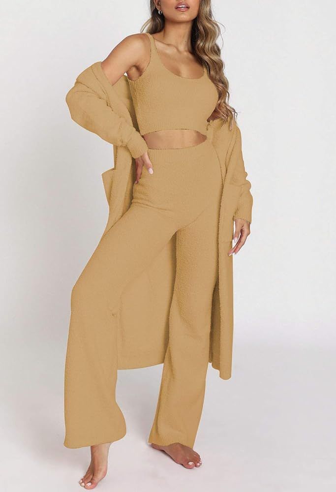 Linsery Women's Fuzzy 3 Piece Sweatsuit Open Front Cardigan Crop Tank Tops Wide Legs Pants Lounge Se | Amazon (US)