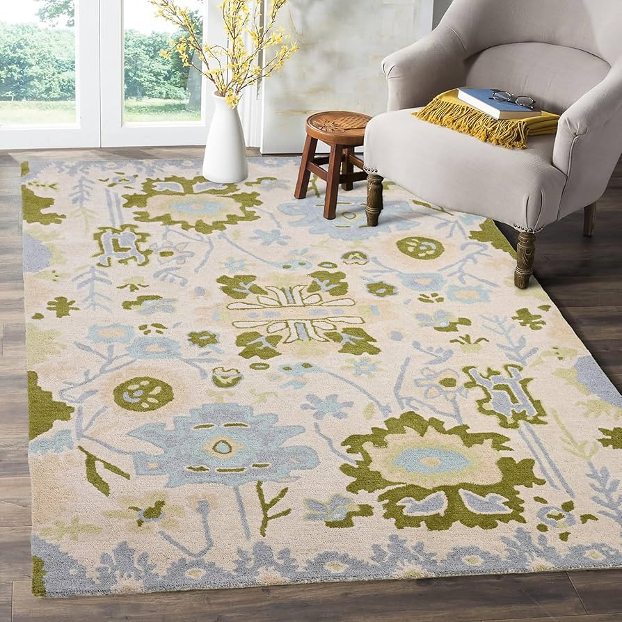 Handmade Oushak Wool Area Rug | Floral and Botanical Patterns in Soft Blue and Green | Luxurious ... | Amazon (US)