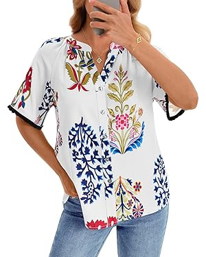 Yousify Womens Floral Button Down Shirts Short Sleeve V Neck Dressy Casual Blouses Summer Loose F... | Amazon (US)