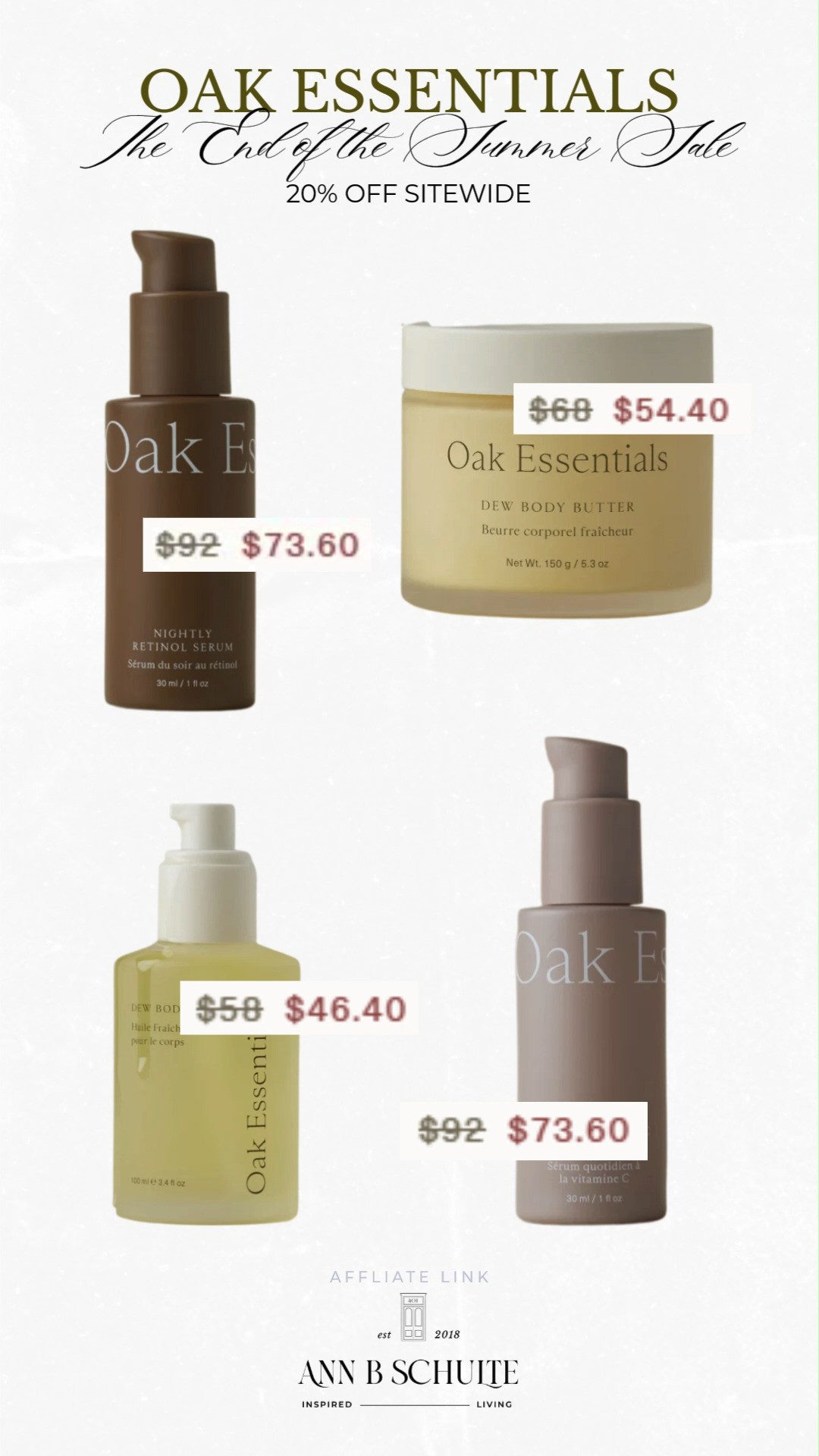 The end-of-summer skincare sale I can definitely get behind. Oak Essentials is 20% off sitewide, making it a sweet time to stock up on those nourishing body and skincare favorites before summer officially clocks out. Glowy skin and a little savings? That’s a pretty good farewell to the season. ✨🤎🧴

#OakEssentials #SkincareSale #EndOfSummerSale #LuxurySkincare #CleanBeauty #SkincareRoutine #BodyCare #GlowingSkin #BeautyDeals 

 #LTKSaleAlert #LTKBeauty
