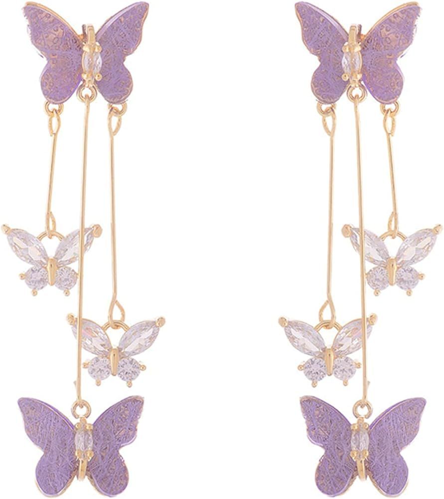 Purple Butterfly Tassel Style Zircon Earrings for Women Crystal Rhinestone Drop Earrings Long But... | Amazon (US)
