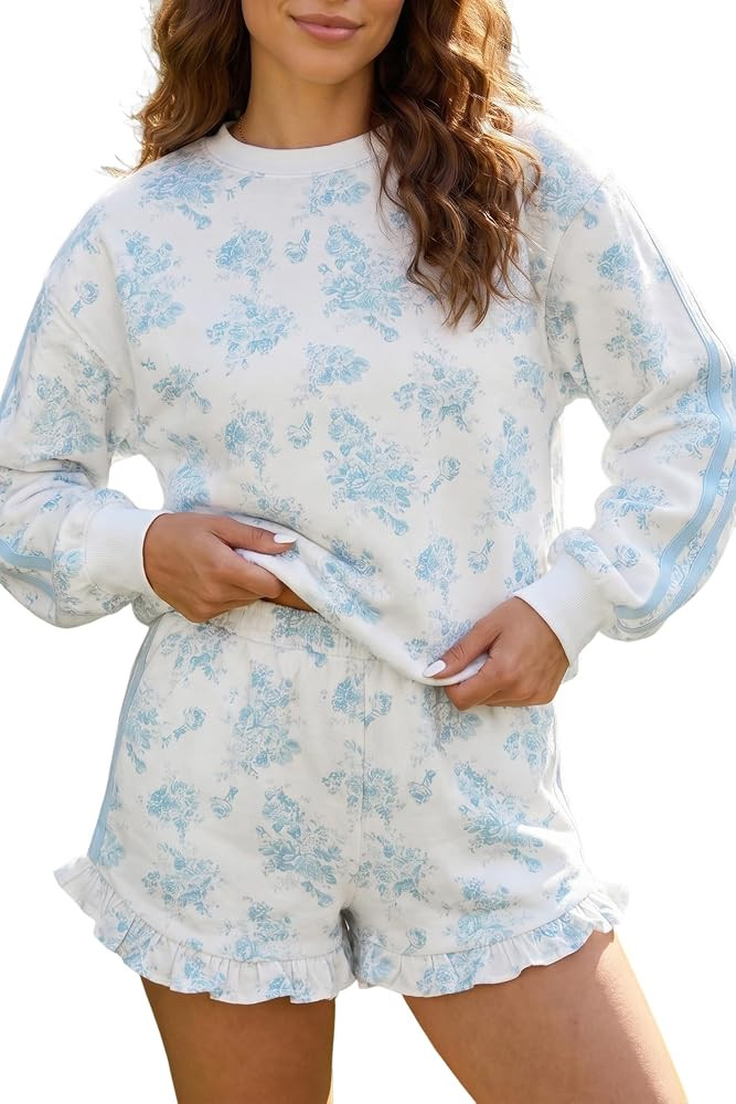 OCSTRADE Womens Casual Long Sleeve Lounge Set Floral Striped Top and Ruffle Shorts 2 Piece Sweatsuit Tracksuit | Amazon (US)