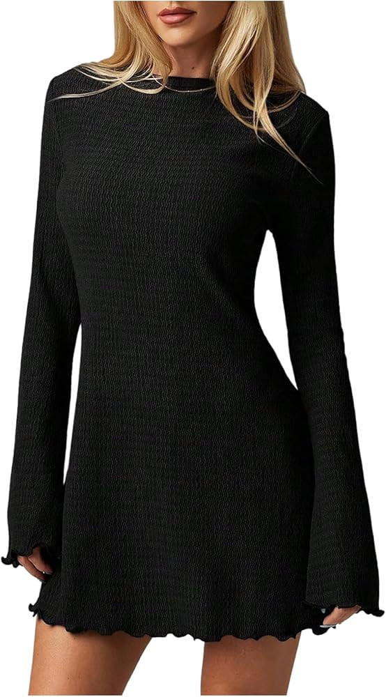 Feature: Lettuce trim, round neck, flare sleeves, long sleeve, mini length, casual dresses for wo... | Amazon (US)