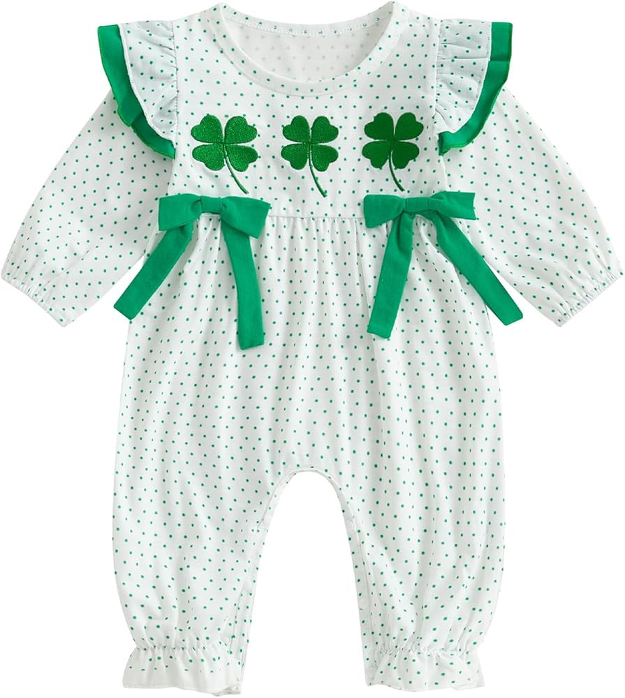 My First St Patricks Day Baby Girl Outfit Ruffle Long Sleeve Lucky Romper Four-Leaf Clover Jumpsu... | Amazon (US)