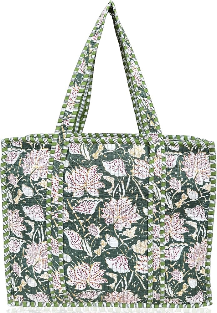 100% Cotton Quilted Tote Bag 18x16– Large Zipper Beach Bag & Travel Bag Purse Reusable Grocery ... | Amazon (US)