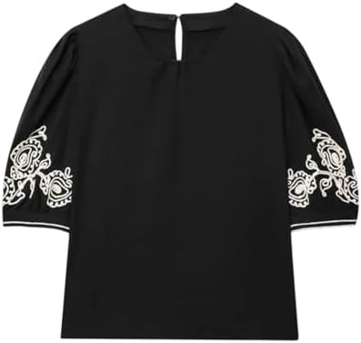 Womens Embroidered Puff Sleeve Round Neck Pullover | Amazon (US)