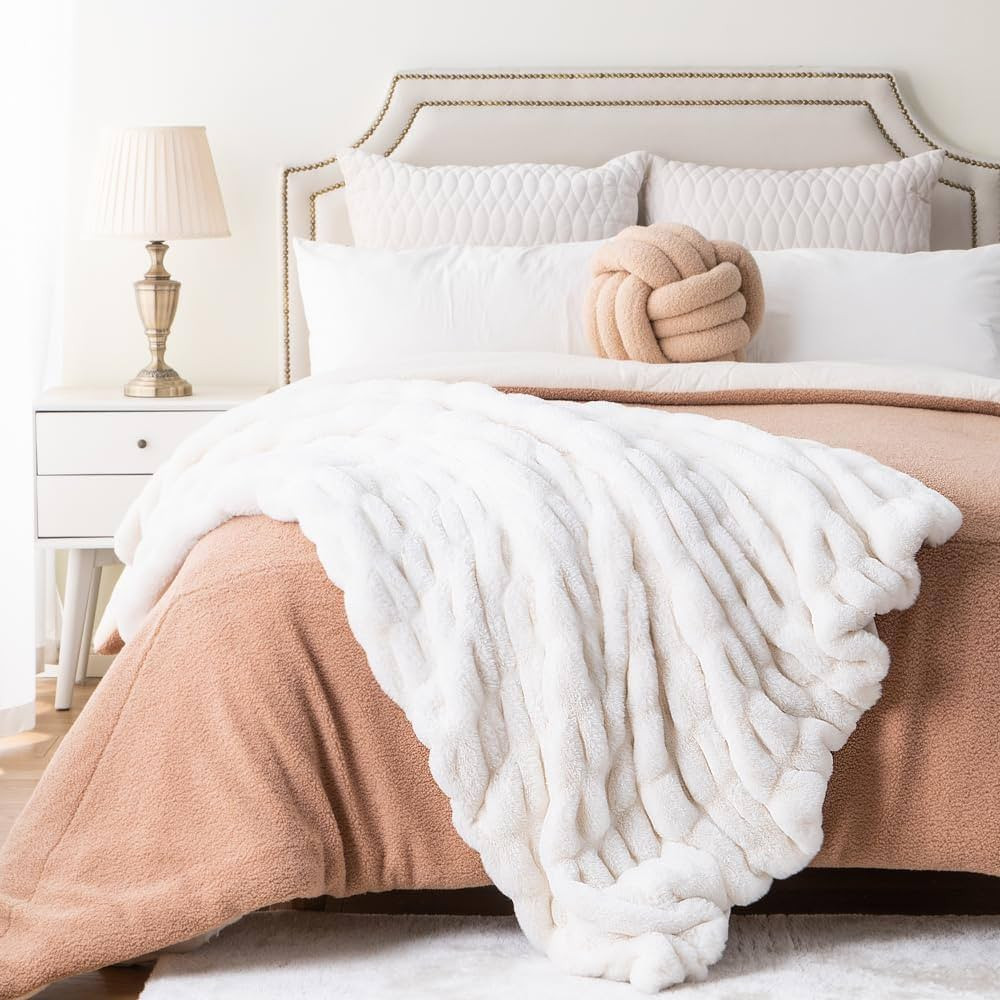 Lightweight Faux Rabbit Fur Throw Blanket, Ruched Elegant Wrinkle Resistant, Anti-Static and Wash... | Amazon (US)