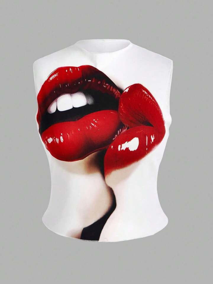 SHEIN ICON Plus Size Women's Sleeveless Tank Top With Red Lips Print | SHEIN USA | SHEIN