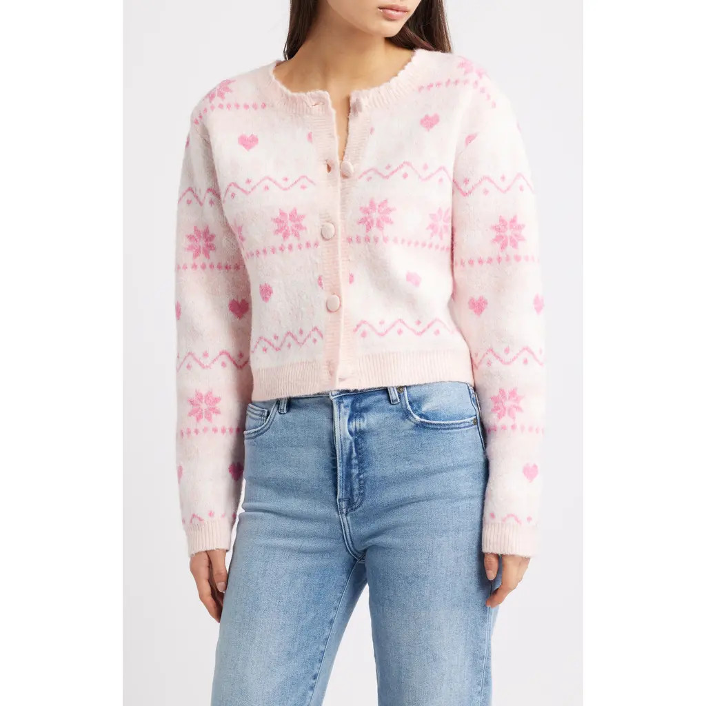 All in Favor Fair Isle Cardigan in Pink at Nordstrom, Size X-Large | Nordstrom