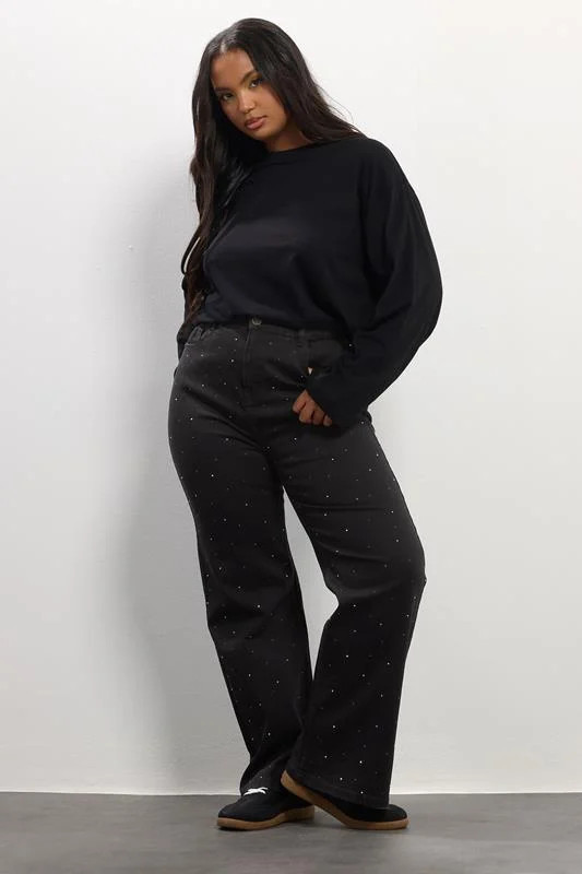 YOURS Plus Size Black Studded Wide Leg Jeans | Yours Clothing UK