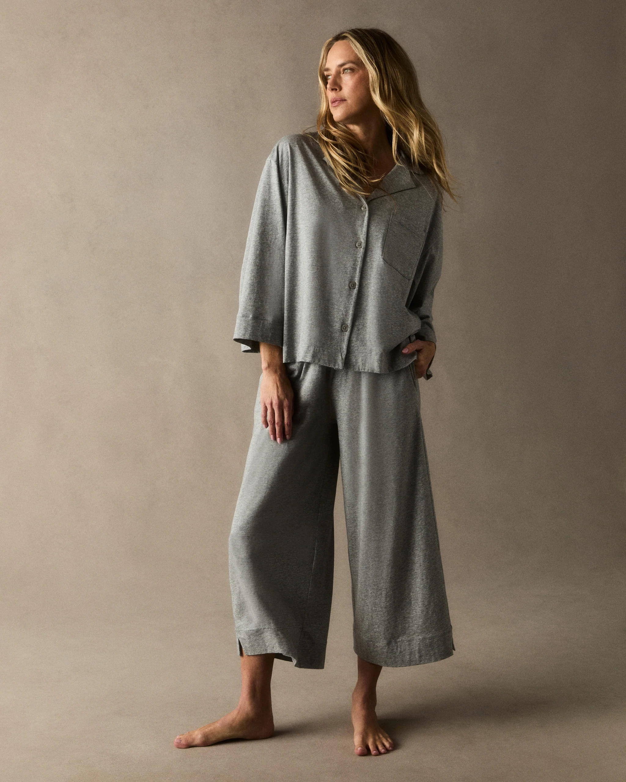 The Olivia Wide Leg Lightweight Pima Pajama Set in Heather Grey | Petite Plume