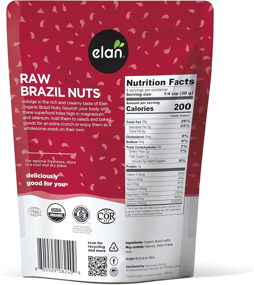 Elan Organic Raw Brazil Nuts, 185g, Whole Nuts, No Shell, Non-GMO, Vegan, Gluten-Free, Kosher, He... | Amazon (CA)
