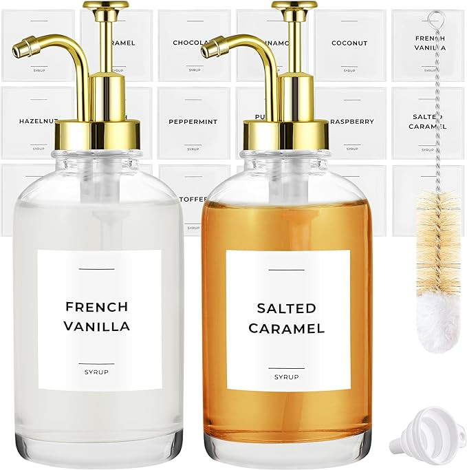 Coffee Syrup Dispenser with Pump - Includes 24 Flavor Labels - Glass Syrup Dispenser for Coffee B... | Amazon (US)