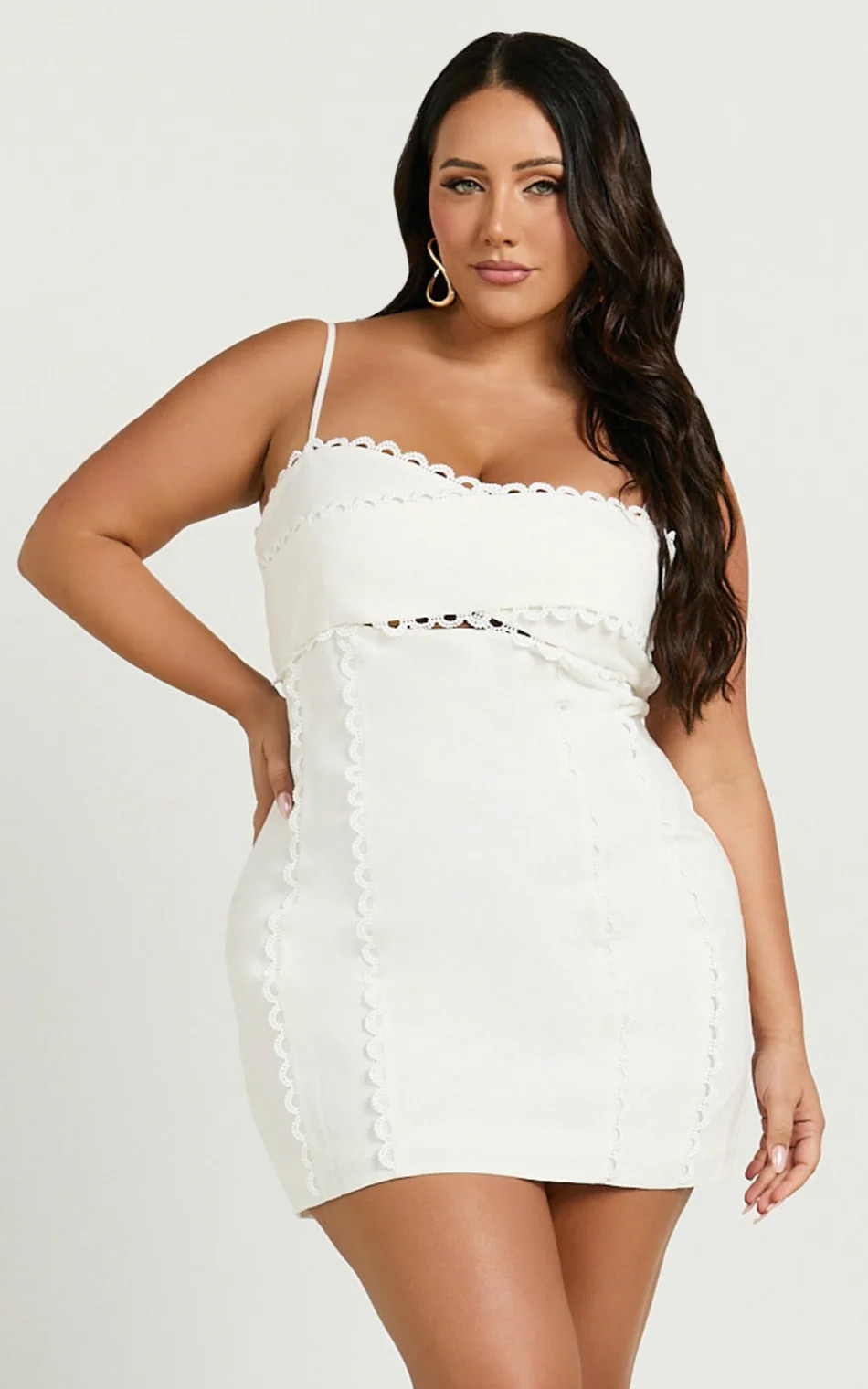 Gigi Mini Linen Blend Dress - Sweetheart Tie Back Scallop Detail Dress in Off White | Showpo (US, UK & Europe)