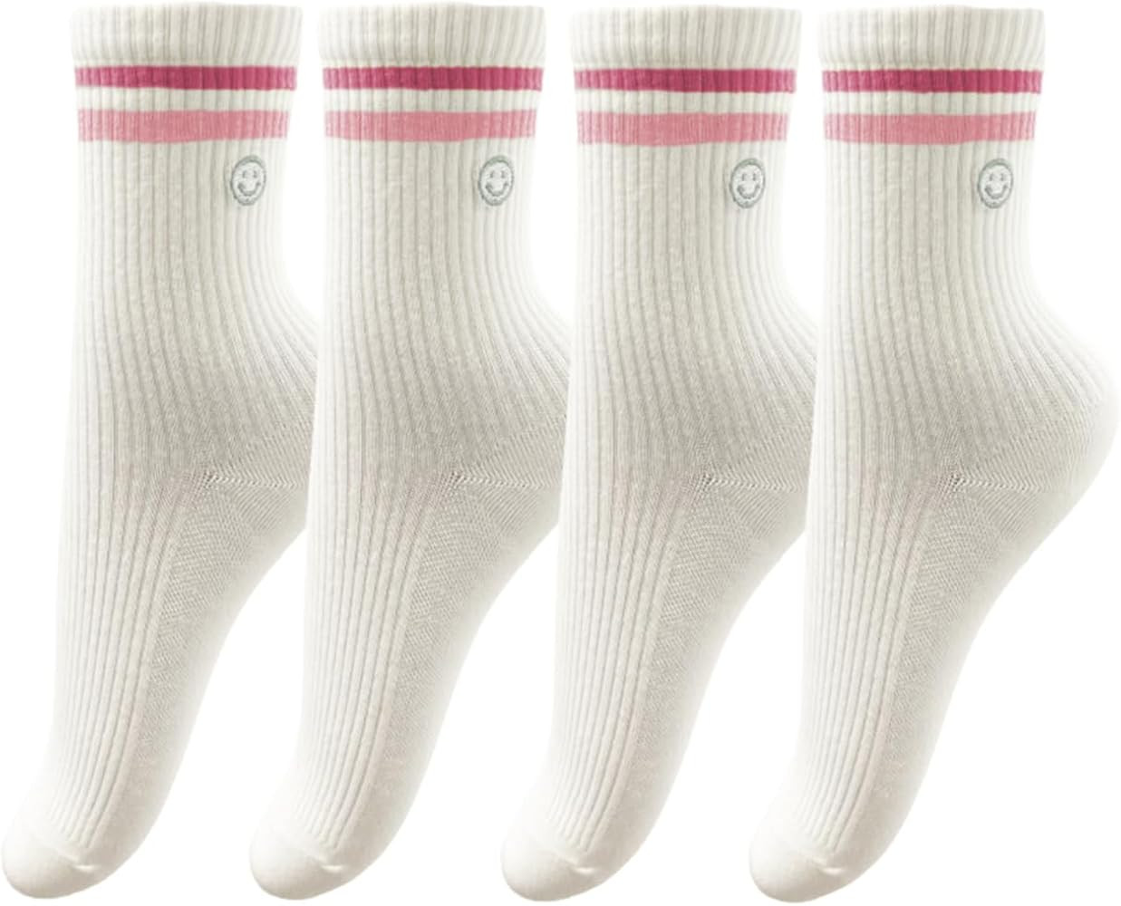 Womens Solid Color Two Stripe Crew Socks Casual Athletic Smiling Face Ankle Socks for women Girls | Amazon (US)