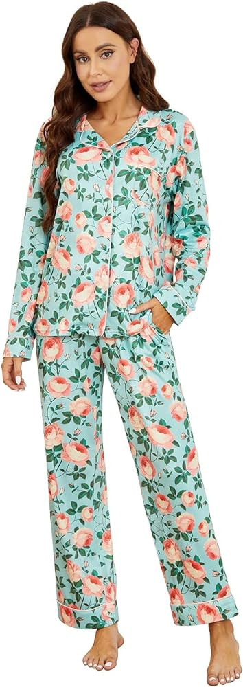 LYCY Womens Pajama Sets Floral Print, Long Sleeve Button Down Pajamas Set for Women Soft Sleepwea... | Amazon (US)
