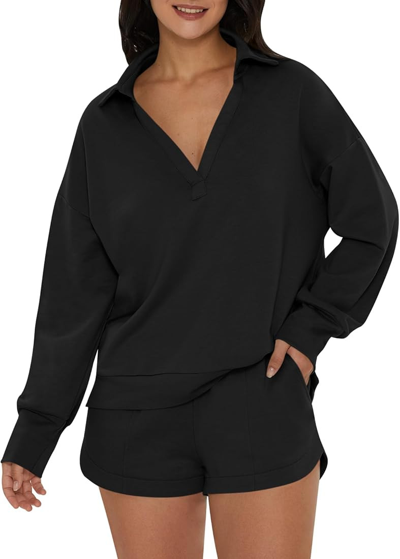 DEEP SELF Women 2 Piece Outfits Sweatshirt Long Sleeve V Neck Collared Pullover Top Shorts Tracks... | Amazon (US)