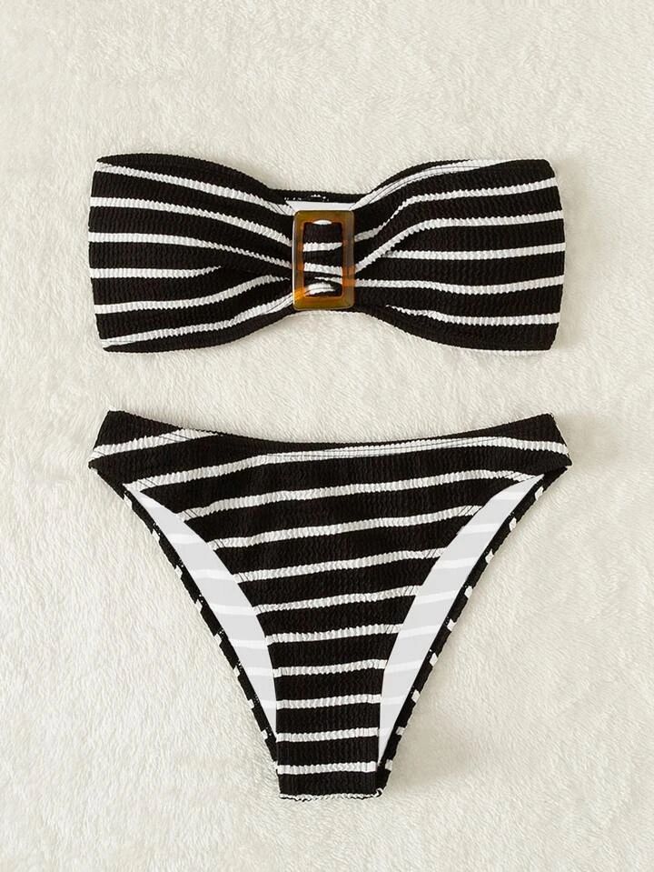 Striped Textured Bandeau Bikini Swimsuit | SHEIN