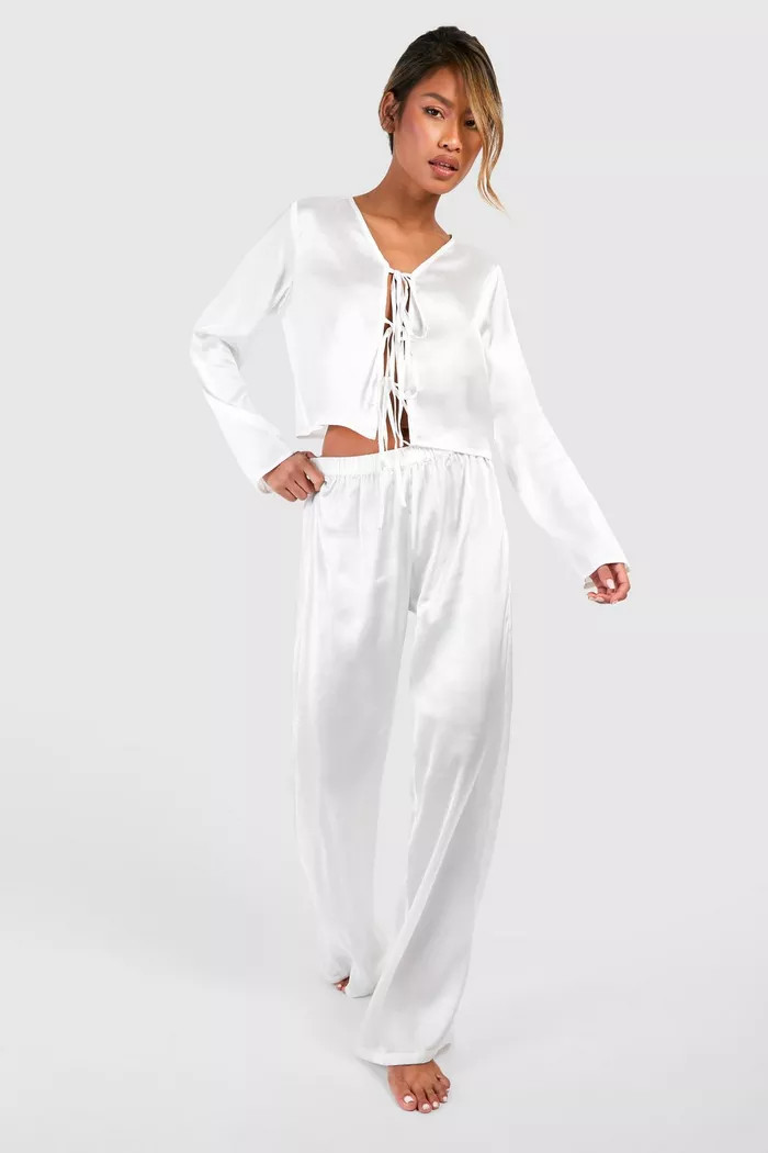 Tie Front Satin Pants Pajama Set | boohoo (US & Canada)
