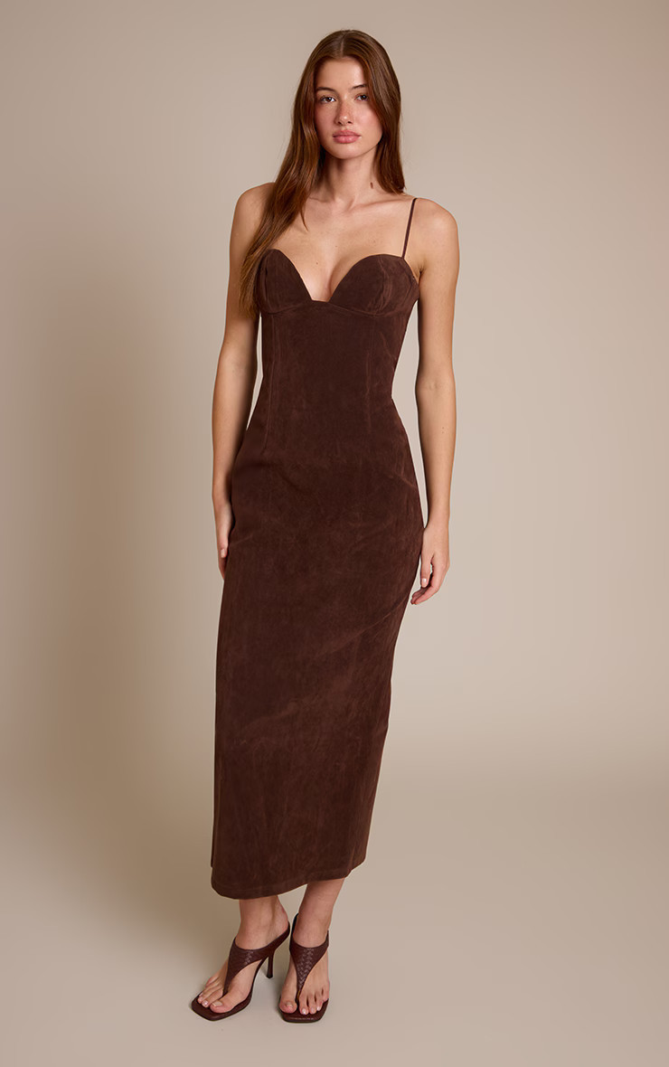 Chocolate Faux Suede Bodycon Maxi Dress | PrettyLittleThing UK