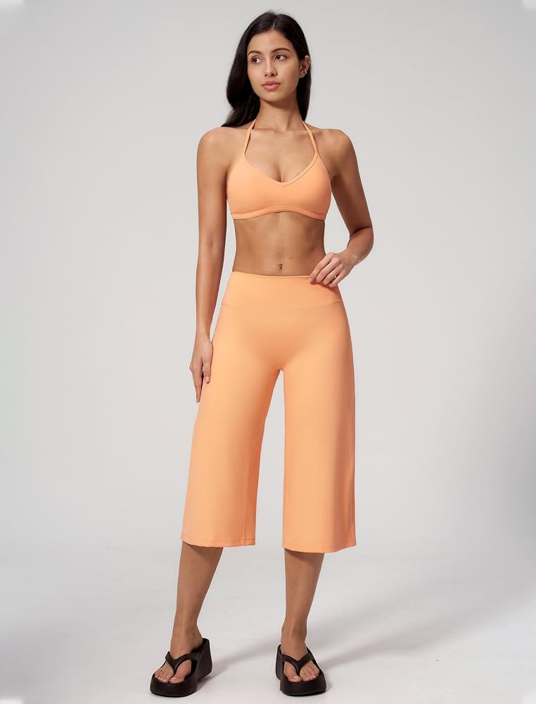Womens Workout Set Two Piece Spaghetti Straps Halter Sport Bra Matching Wide Leg Capri Pants Gym ... | Amazon (US)